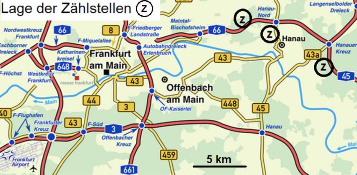 Karte des Rhein-Main-Gebiets mit markierten Zählstellen rund um Frankfurt, Offenbach und Hanau.